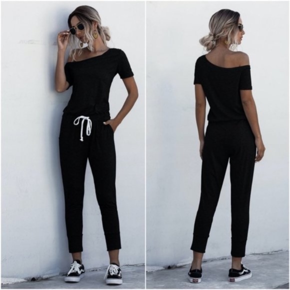 EMILIE Off Shoulder BLACK Jumpsuit - Picture 3 of 3